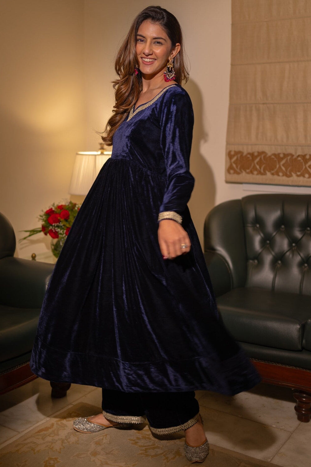 Dark Blue Velvet Palazzo Suit with Lace Work