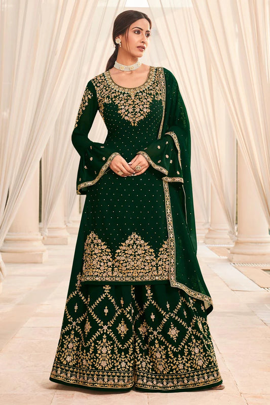 Dark Green Straight Cut Georgette Sharara Suit