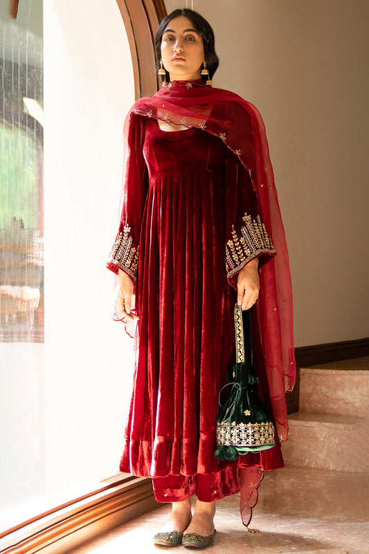 Deep Red Velvet Palazzo Suit with Zari Work