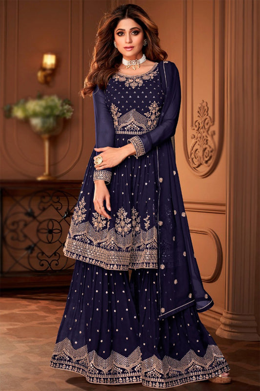 Embroidered Georgette Navy Blue Sharara Suit