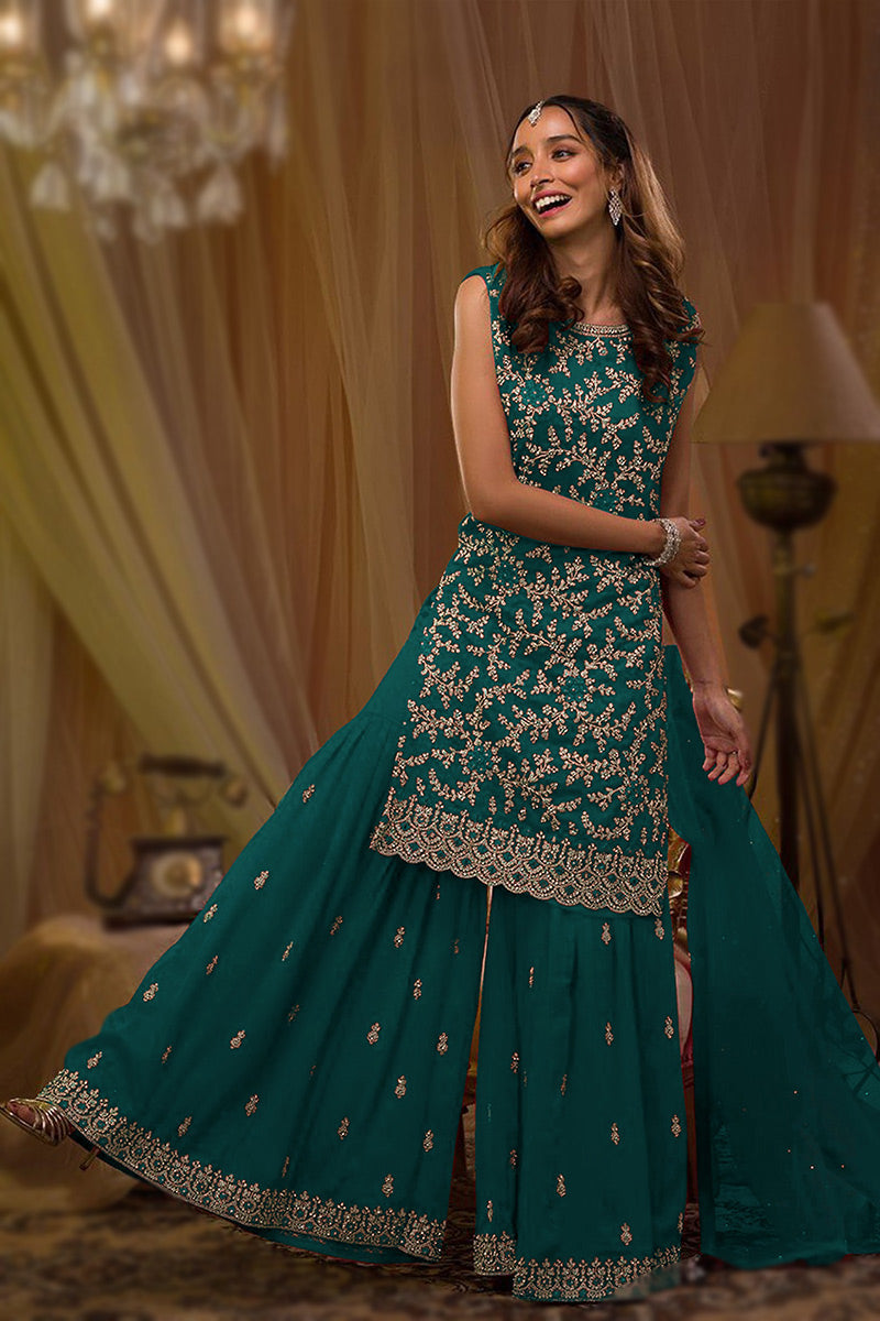 Persian Green Embroidered Sharara Suit