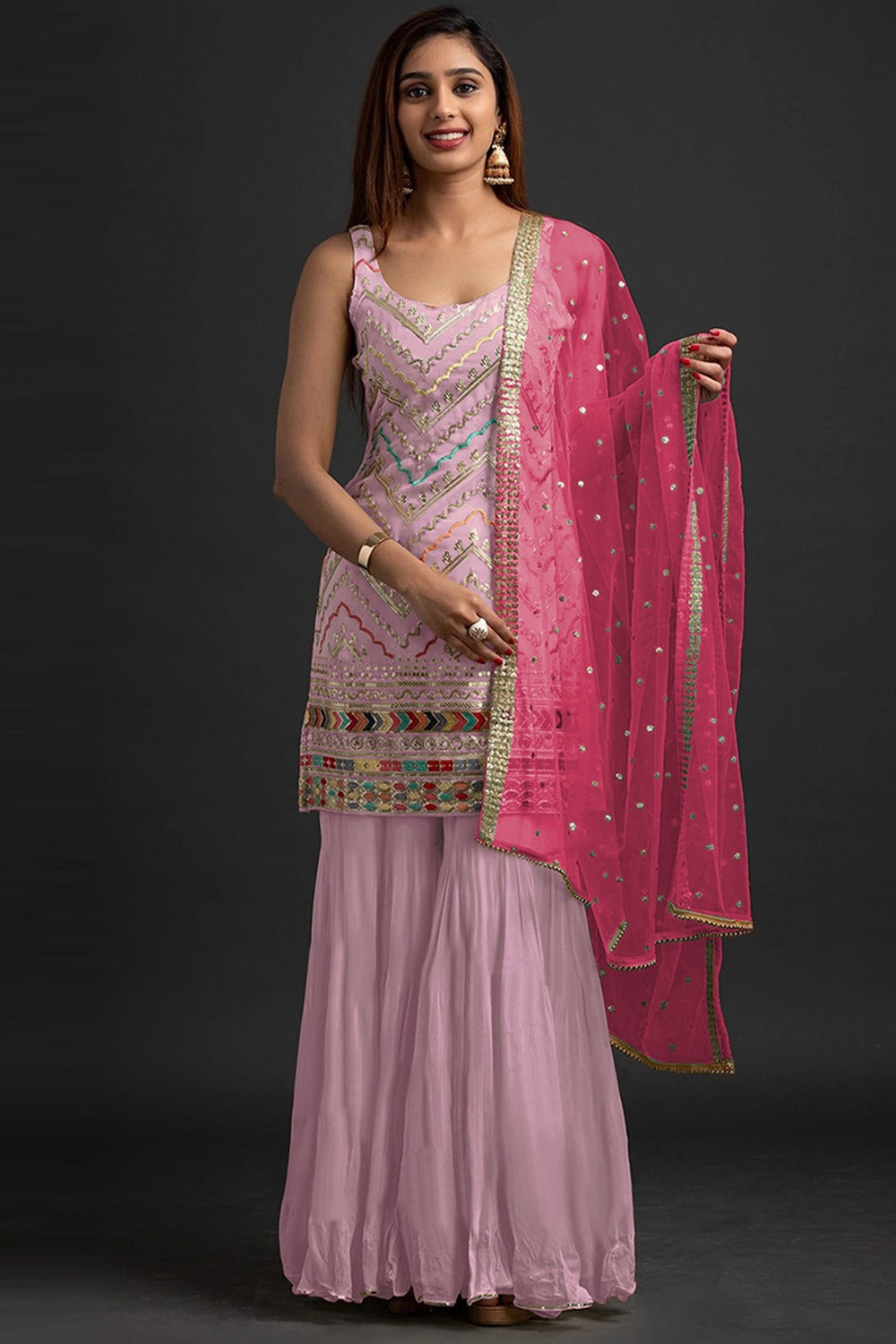 Georgette Lavender Pink Embroidered Straight Cut Suit