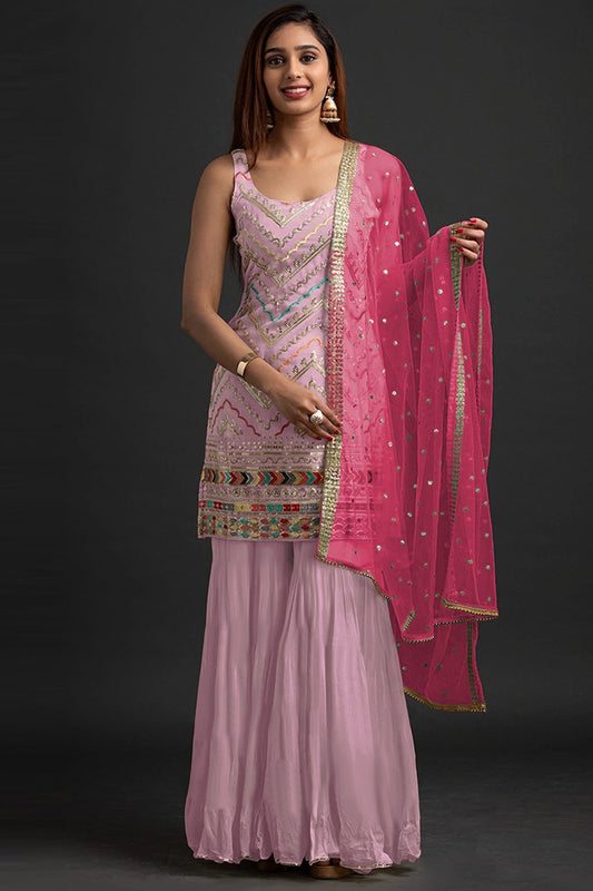 Georgette Lavender Pink Embroidered Straight Cut Suit