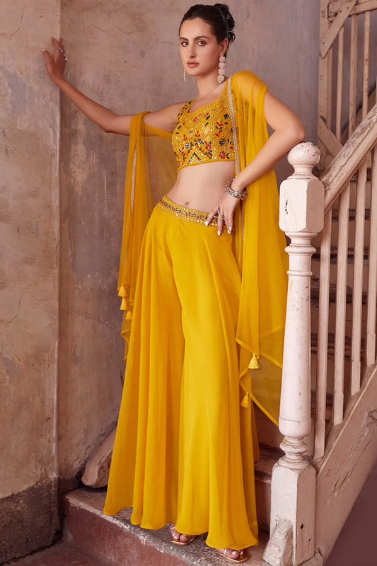 Georgette Mustard Yellow Indo-Western Palazzo Suit with Zari Work
