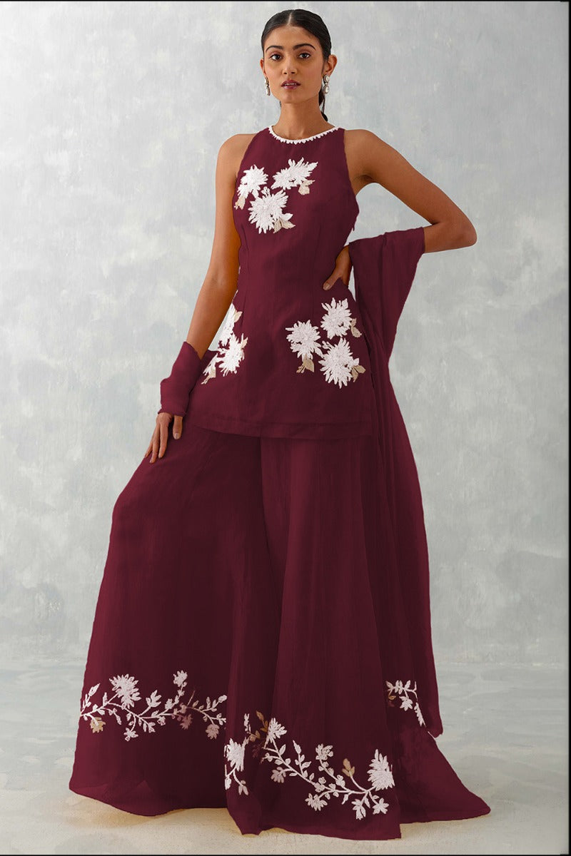 Maroon Dori Embroidered Organza Sharara Suit