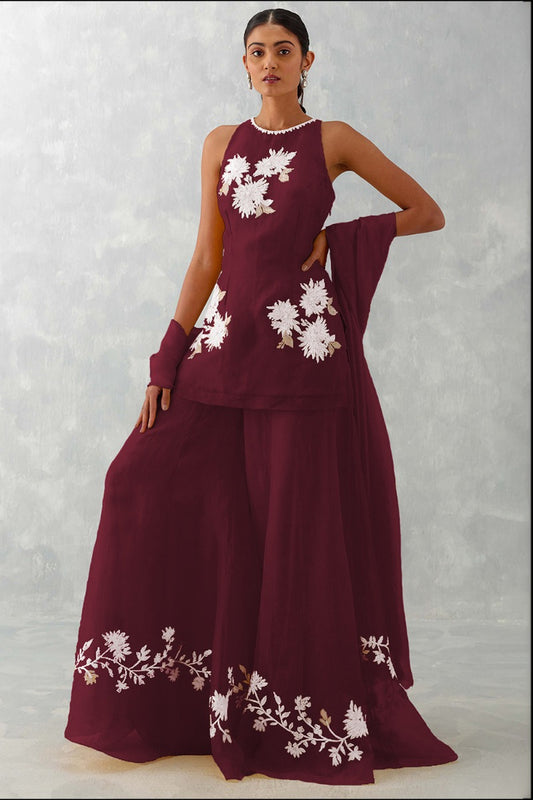 Maroon Dori Embroidered Organza Sharara Suit