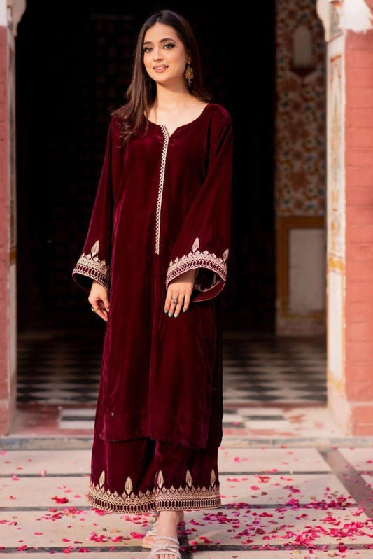 Maroon Velvet Zari Embroidered Palazzo Suit