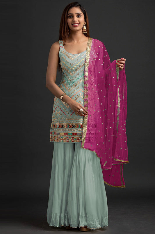 Georgette Lavender Pink Embroidered Sharara Suit