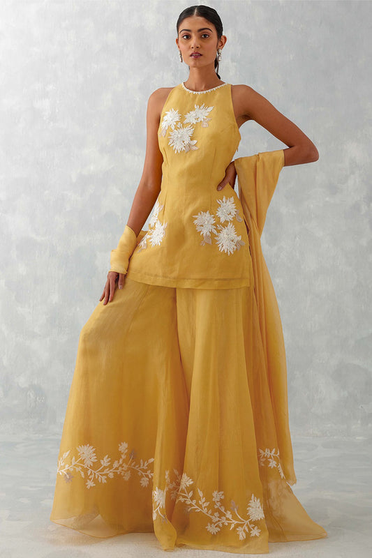 Mustard Yellow Dori Embroidered Organza Sharara Suit