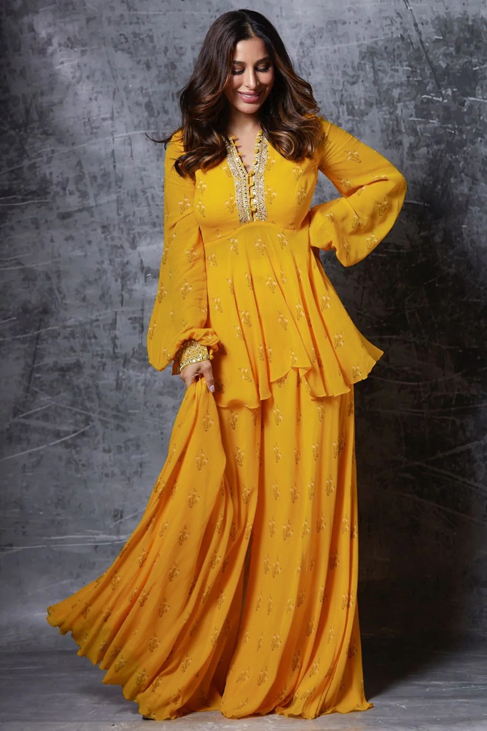 Mustard Yellow Georgette Embroidered Palazzo Suit