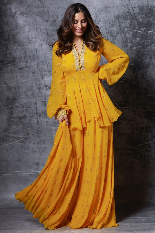 Mustard Yellow Georgette Embroidered Palazzo Suit