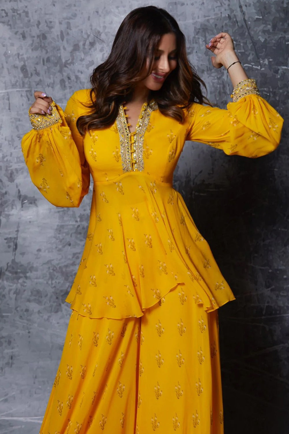 Mustard Yellow Georgette Embroidered Palazzo Suit