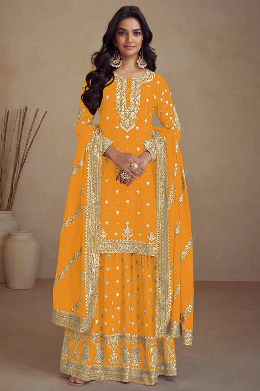 Mustard Yellow Silk Embroidered Sharara Suit