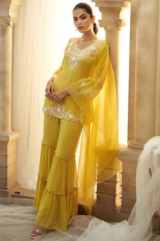 Mustard Yellow Georgette Sharara Suit with Pearl Work