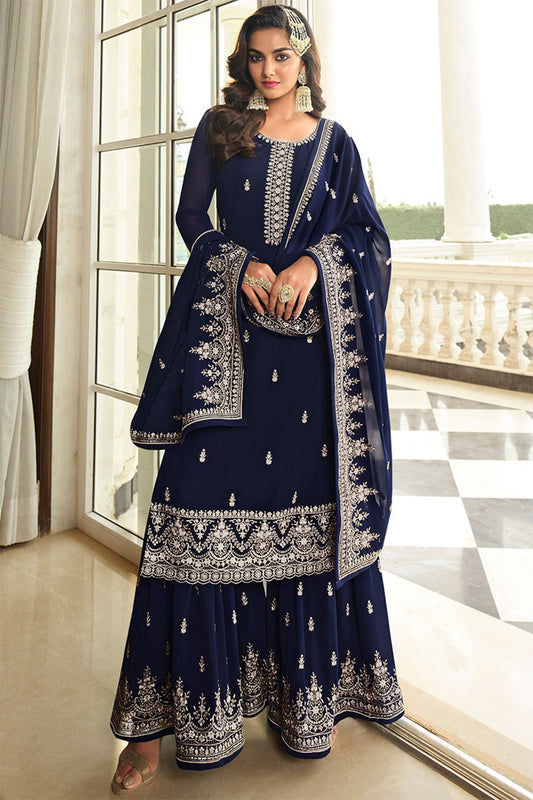 Navy Blue Sequins Work Sharara Suit in Georgette