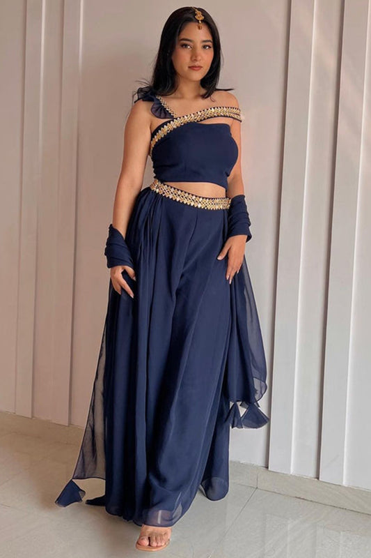 Navy Blue Georgette Indo-Western Palazzo Suit with Mirror Work