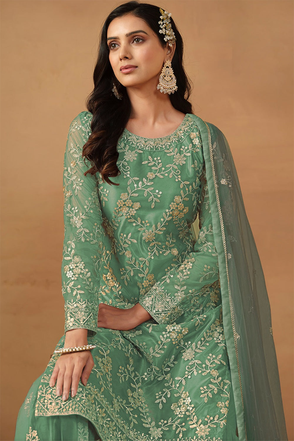 Net Zari Embroidered Dusty Green Straight Cut Sharara Suit