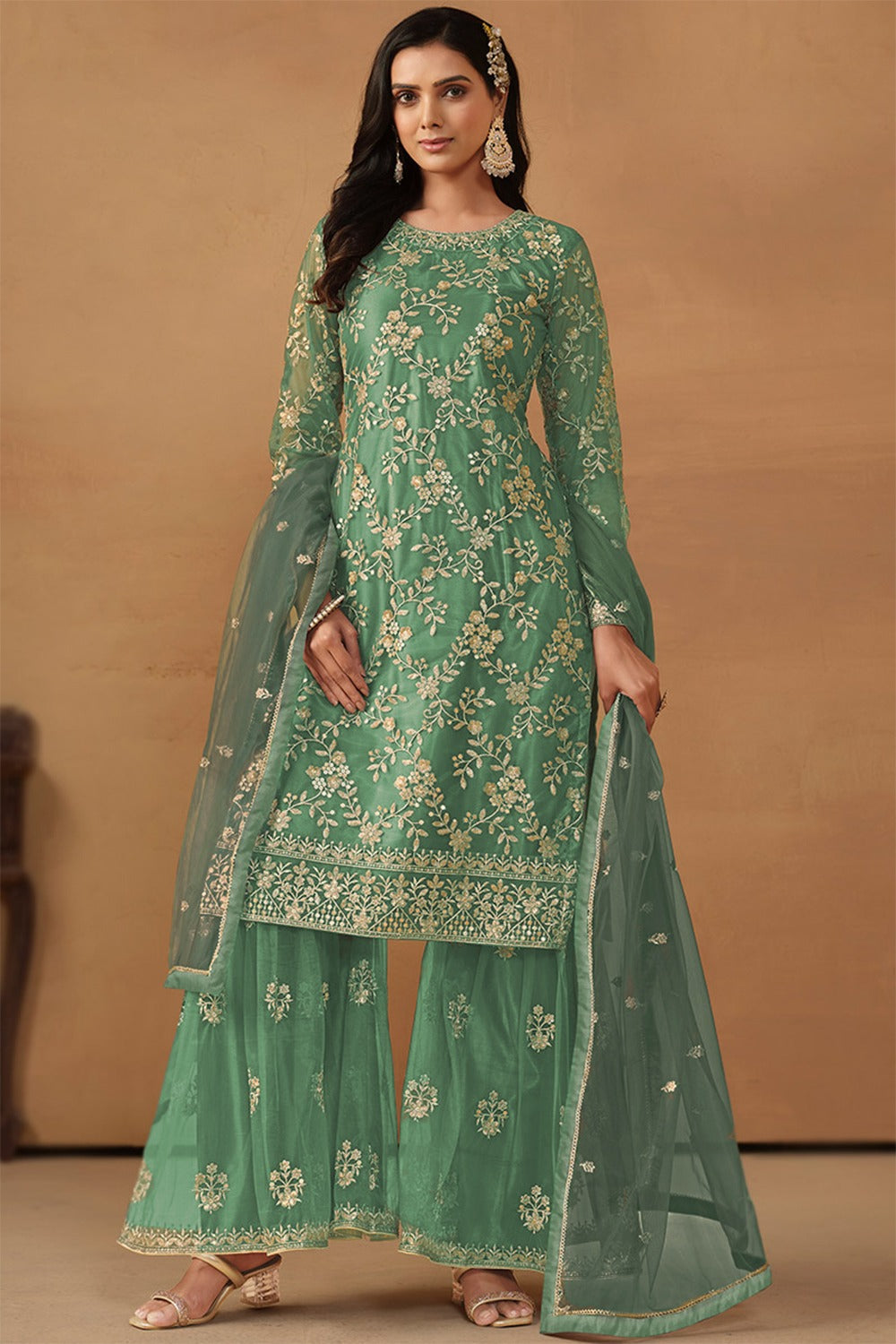 Net Zari Embroidered Dusty Green Straight Cut Sharara Suit