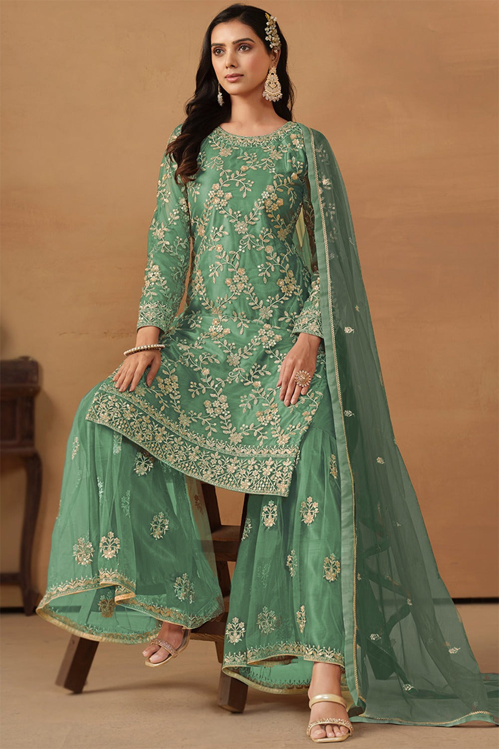 Net Zari Embroidered Dusty Green Straight Cut Sharara Suit