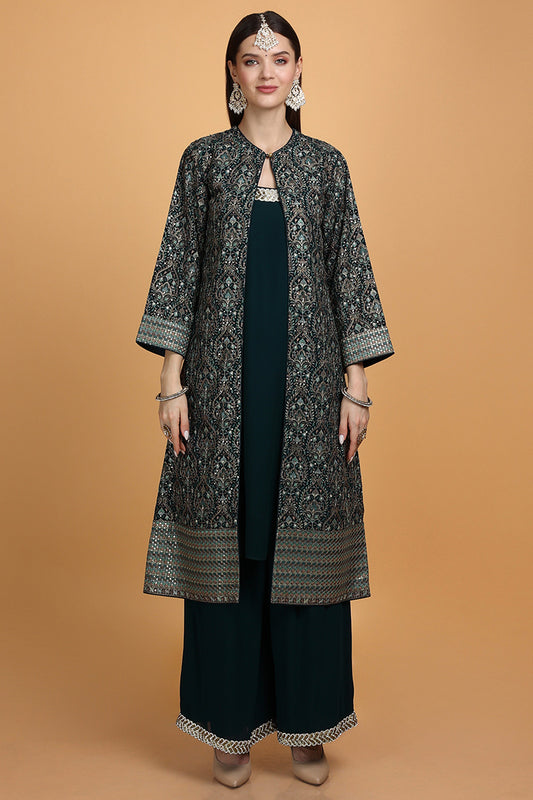 Teal Green Jacket Style Suit With Palazzo Pant