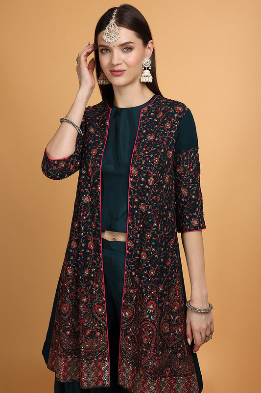 Silk Teal Green Wedding Palazzo Suit With Embroidered Jacket