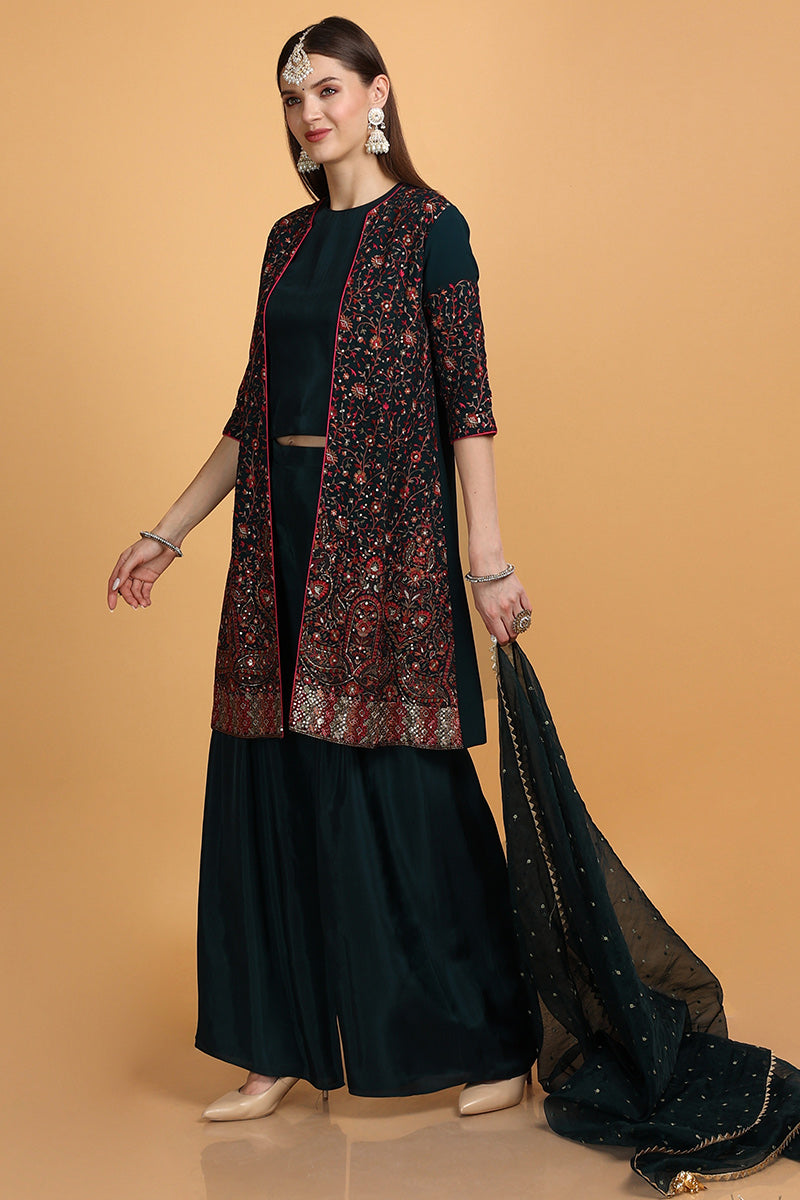 Silk Teal Green Wedding Palazzo Suit With Embroidered Jacket