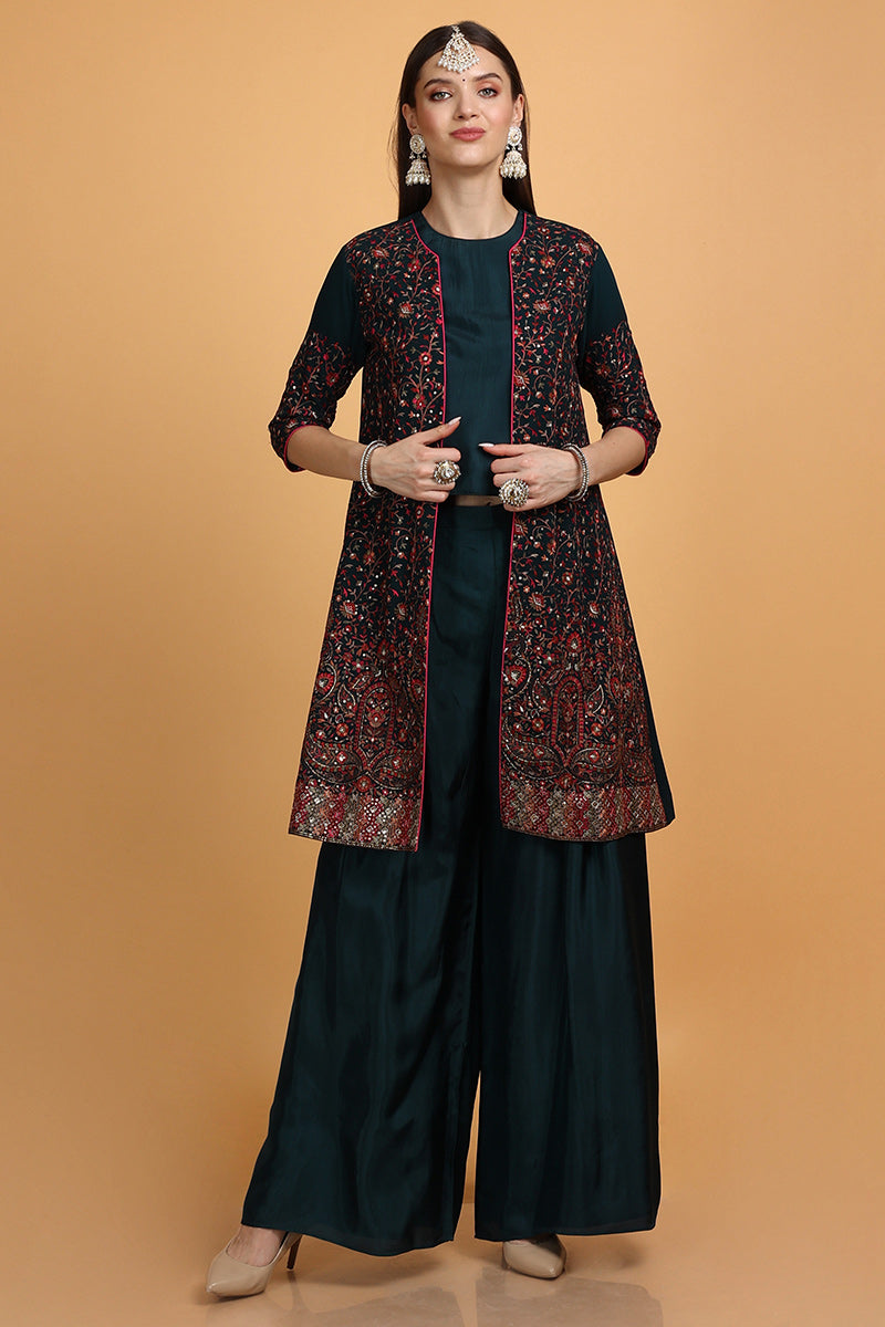 Silk Teal Green Wedding Palazzo Suit With Embroidered Jacket