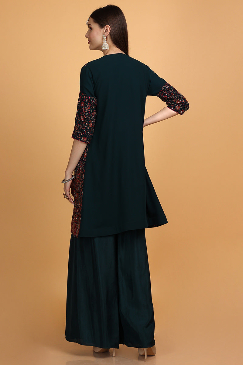 Silk Teal Green Wedding Palazzo Suit With Embroidered Jacket