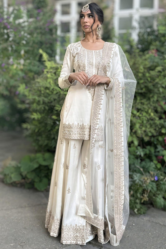 White Silk Blend Bridal Sharara Salwar Suit with Zari Work