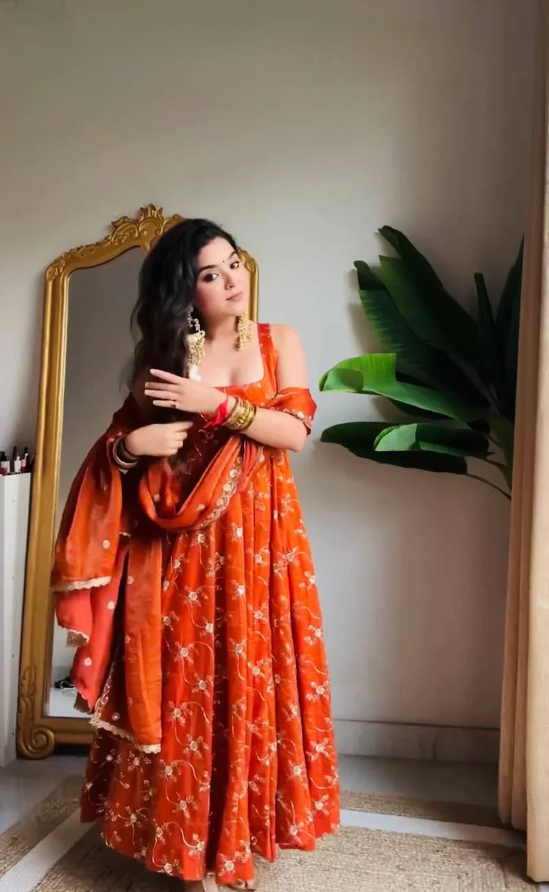 Radiant Elegance Orange Embroidered Anarkali Suit Set