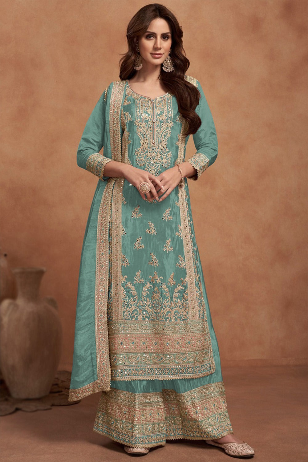 Blue Silk Embroidered Straight Cut Palazzo Suit