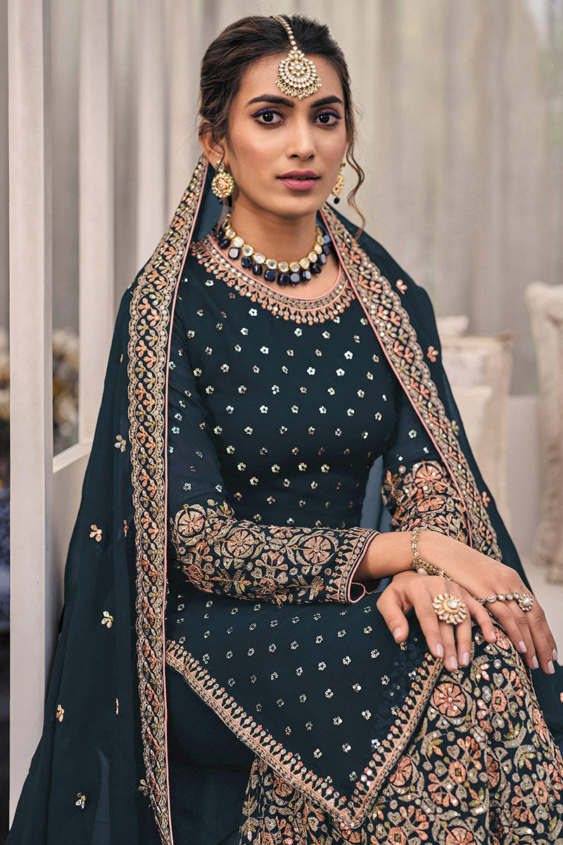 Prussian Blue Georgette Embroidered Straight Cut Sharara Suit