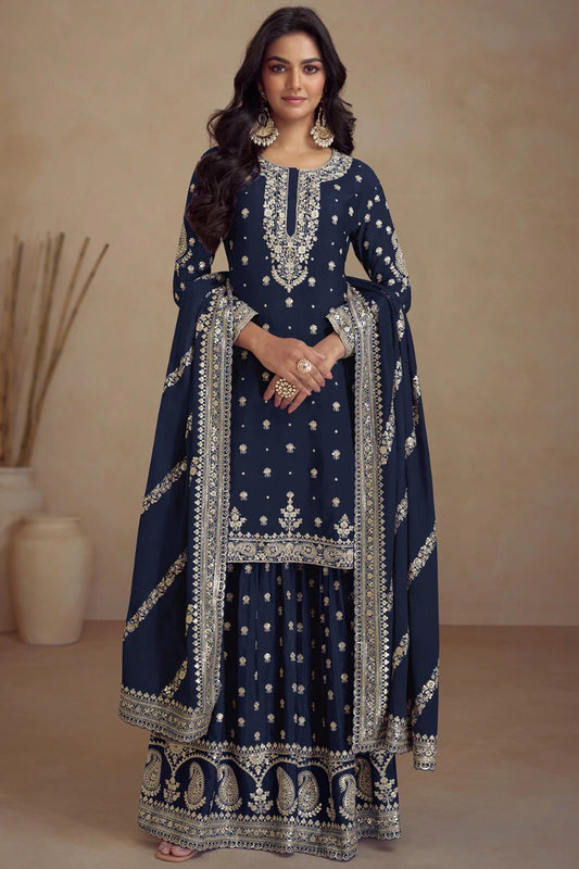 Prussian Blue Zari Embroidered Silk Sharara Suit