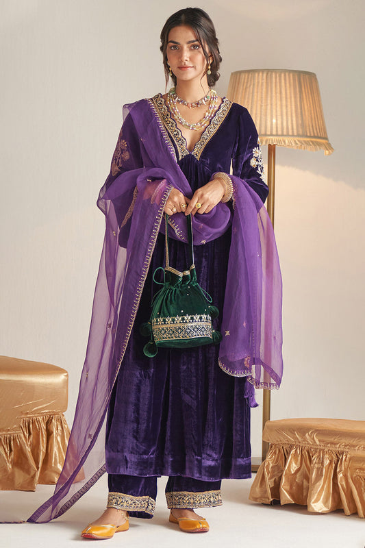 Purple Velvet Palazzo Suit with Gota Patti Work