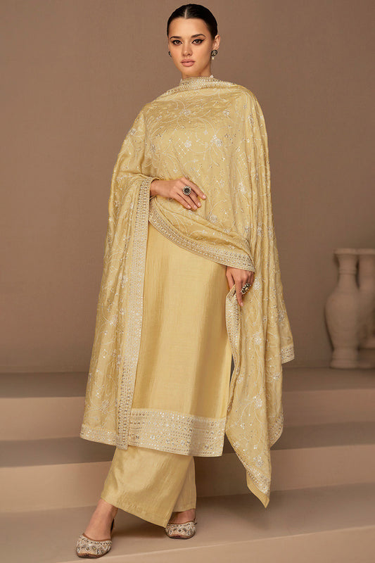 Resham Embroidered Silk Mustard Yellow Palazzo Suit