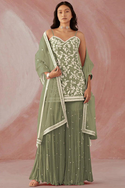 Georgette Sharara Suit in Sage Green colour