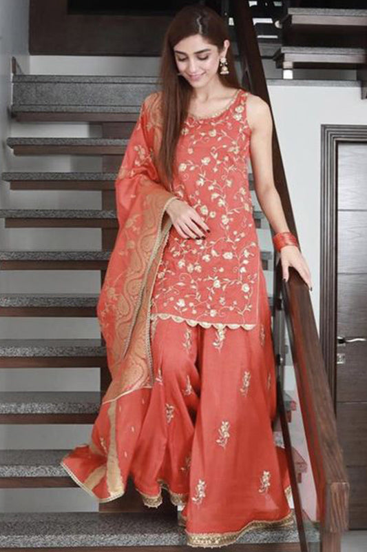 Salmon Orange Organza Embroidered Sharara Suit