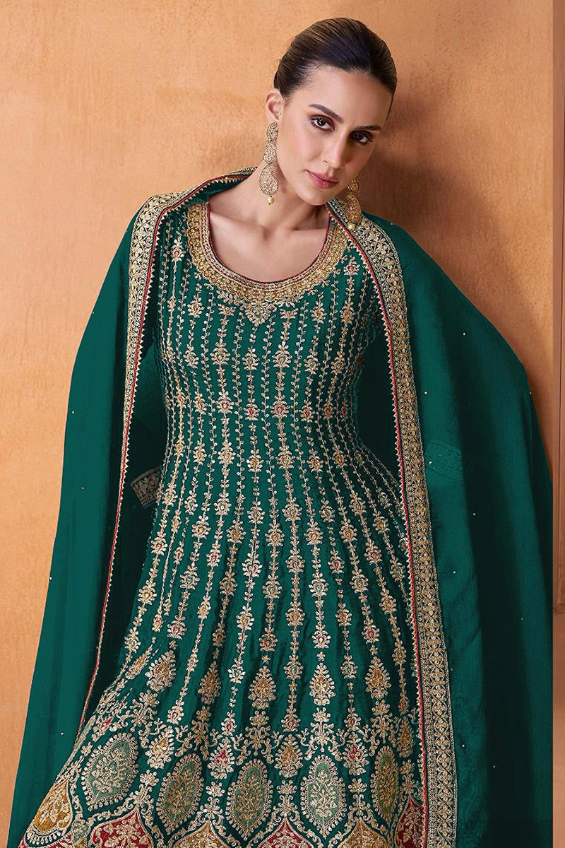 Teal Green Georgette Embroidered Sharara Suit