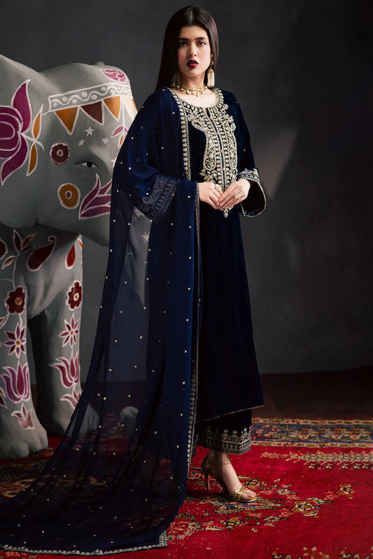 Velvet Dark Blue Palazzo Suit with Zari Work