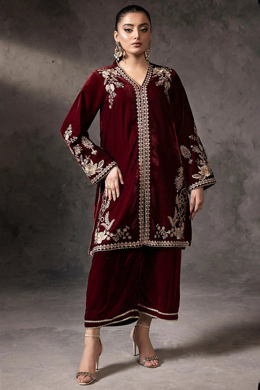 Velvet Dark Maroon Palazzo Suit with Zari Work