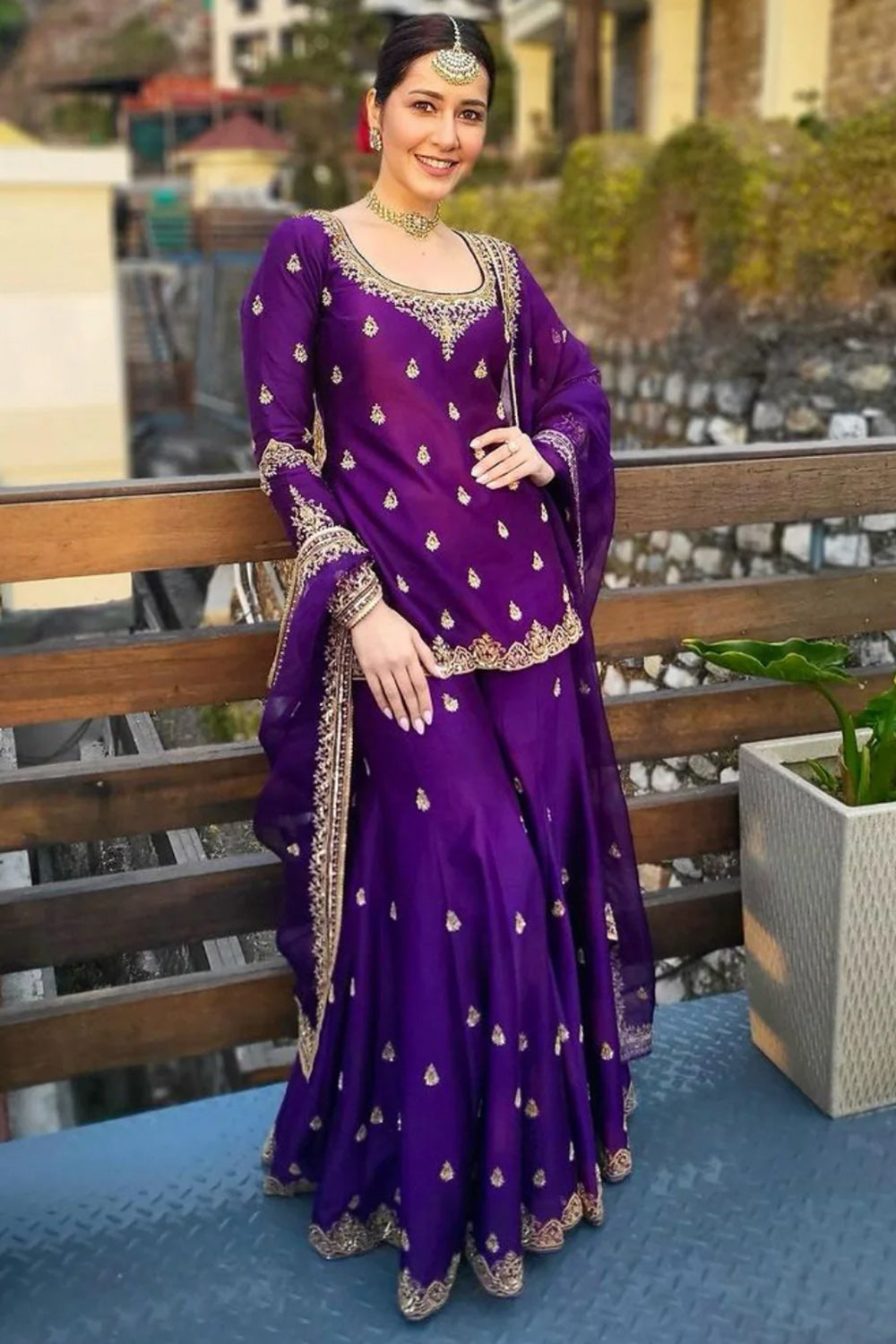 Violet Purple Chanderi Silk Embroidered Sharara Suit